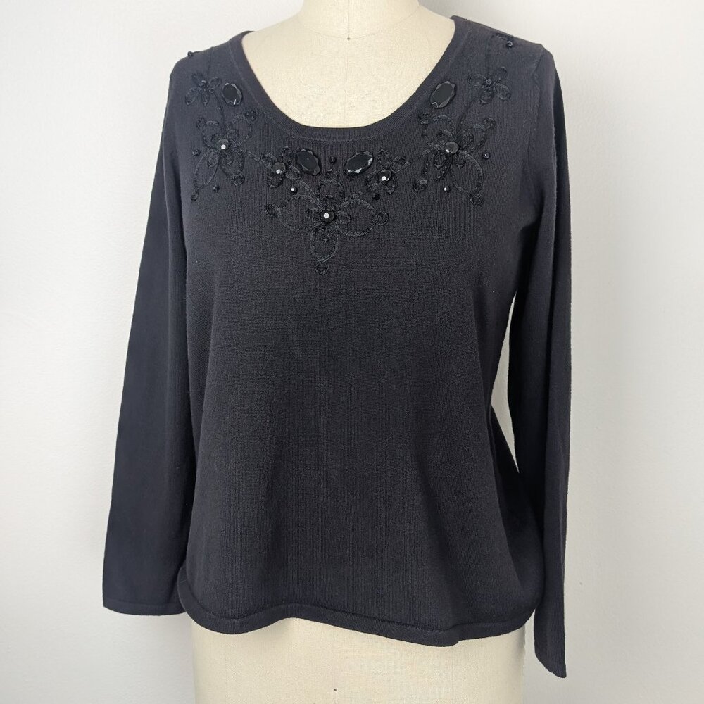Oscar de La Renta Black Beaded Sweater Embroidered Long Sleeve Top